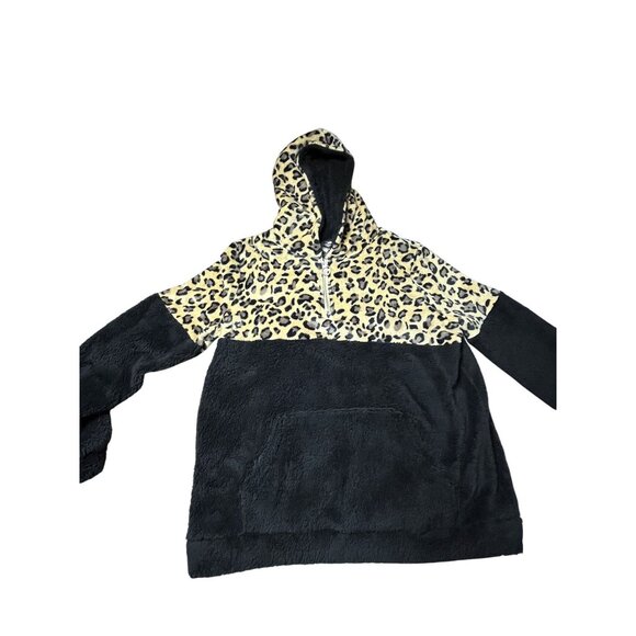 Leopard Print & Black Sherpa Fleece Half Zip Pullover Hoodie XXL Fits like L-XL - Picture 4 of 9